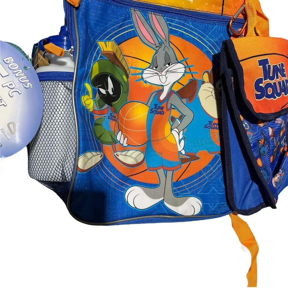 Looney Tunes Backpack 16” Blue Space‎ Jam 5pc Lunch Snack Bag Bottle Tune Squad